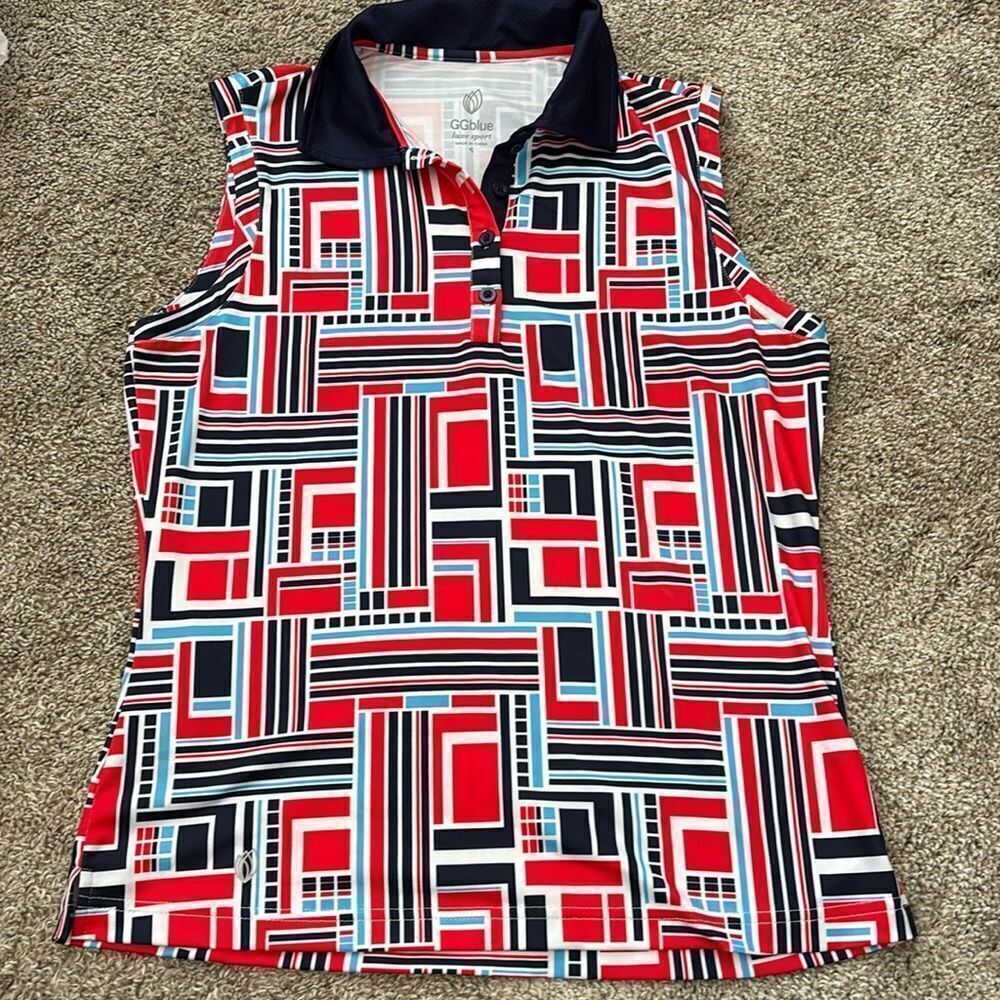 GGBlue Grace National Geometric Red Blue WhiteGolf Polo Tank Size S